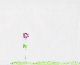Desenhou o jardim dela: “- Lá tem um monte de flor”. Desenhou porque gosta muito dessa parte da casa.