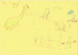 Um dinossauro comendo, dois jogadores de vôlei, um jogador fazendo gol e seus colegas de sala torcendo. Desenhou tudo porque gosta.