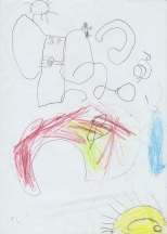 Rato, um dente sujo, sol e nuvem. Desenhou o rato porque a mãe dela tem medo.